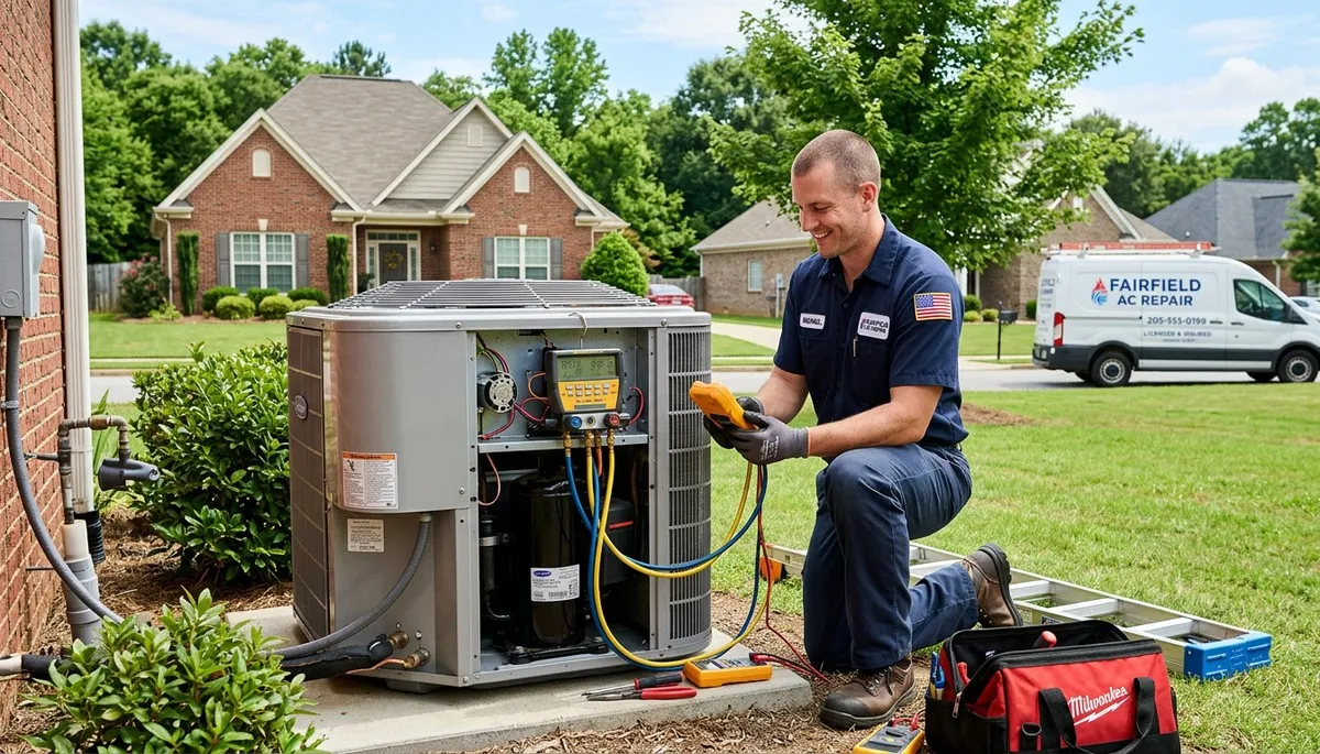 Professional AC repair technician servicing air conditioner unit in Birmingham, AL