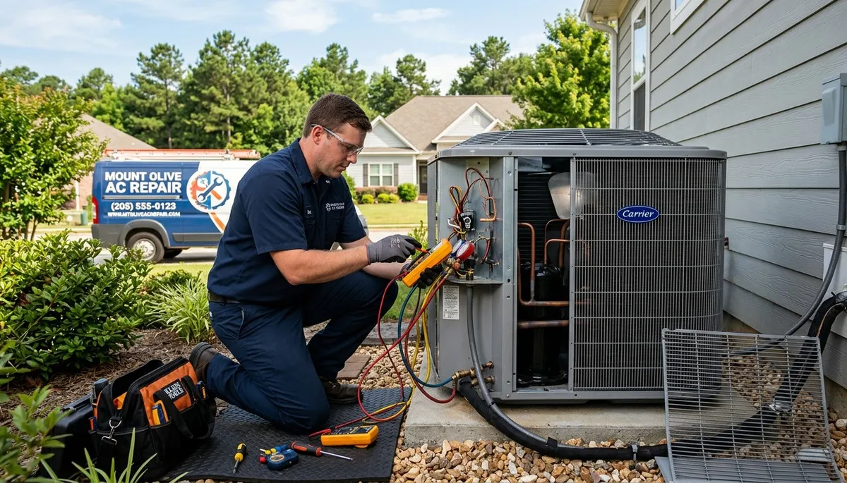 Professional AC repair technician servicing air conditioner in Birmingham AL home