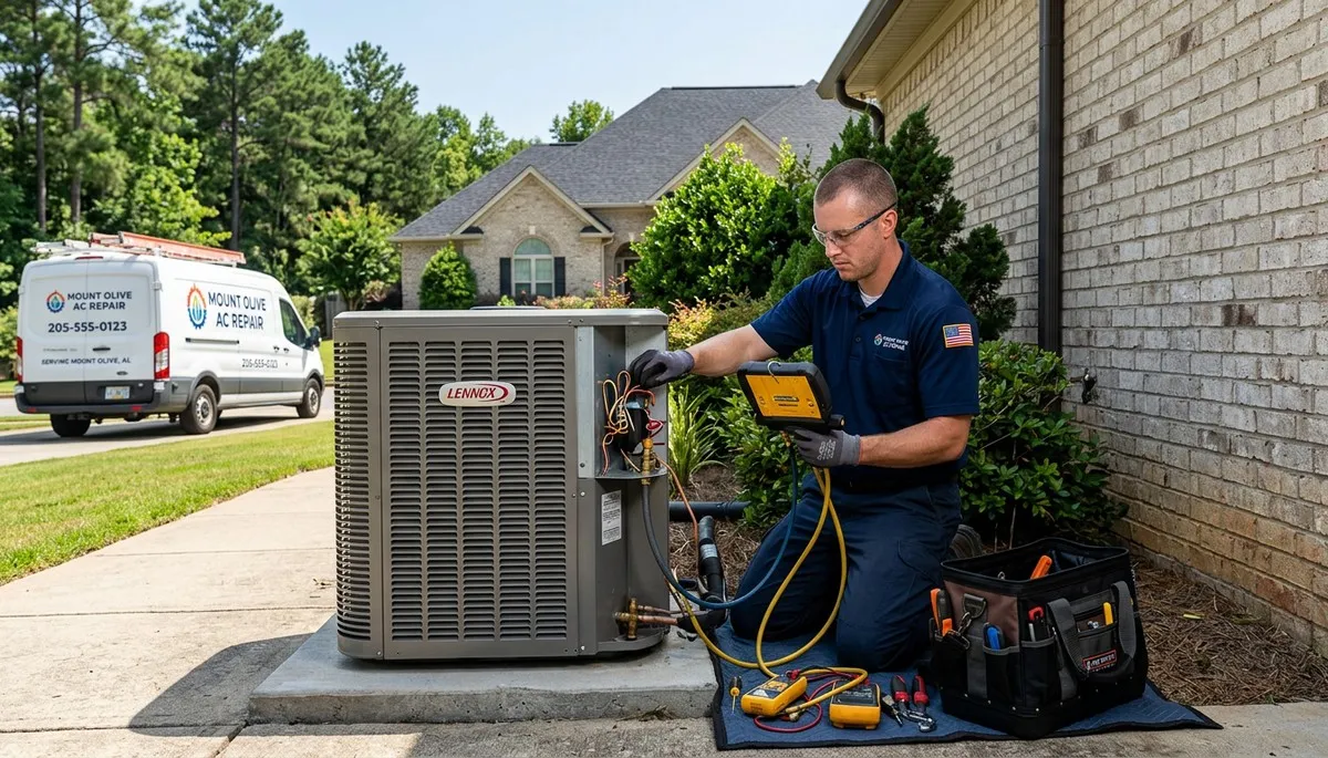 Professional AC repair technician servicing air conditioner unit in Birmingham, AL