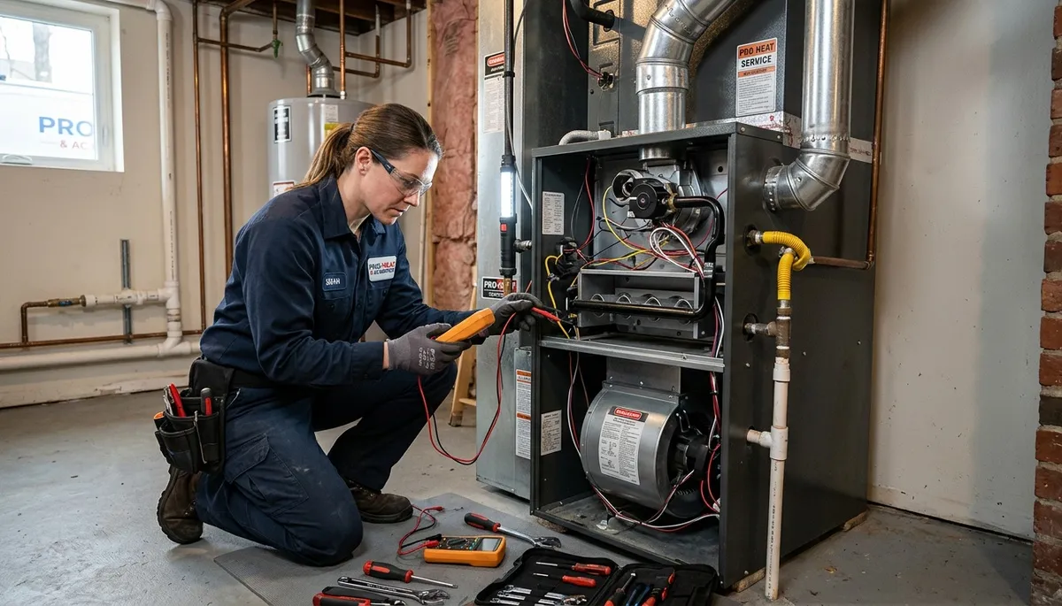 Technician performing heating repair on furnace in Birmingham, AL home